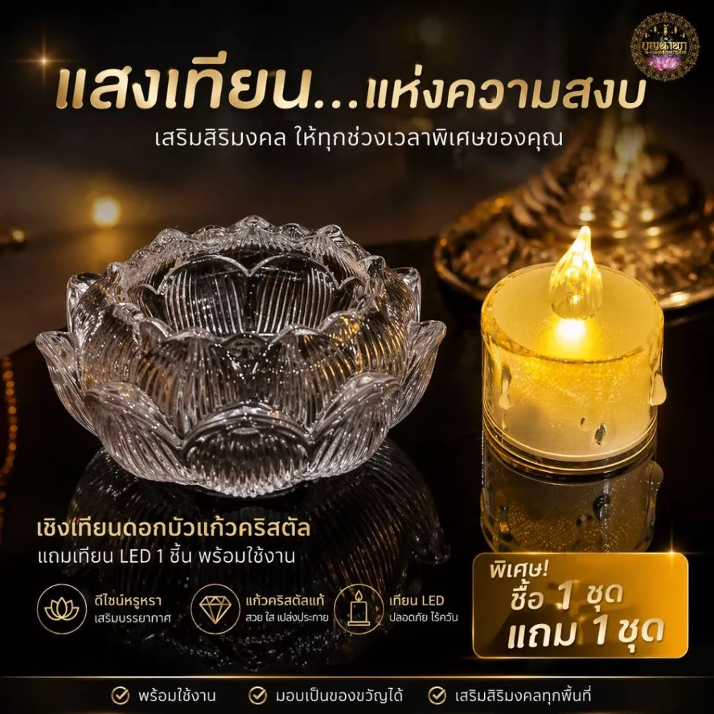 [บุญนำพา] เชิงเทียนดอกบัวคริสตัล พร้อมเทียน LED เสมือนจริง [1 แถม 1] | บูชาพระ ตกแต่งบ้าน ของขวัญพรีเมี่ยม