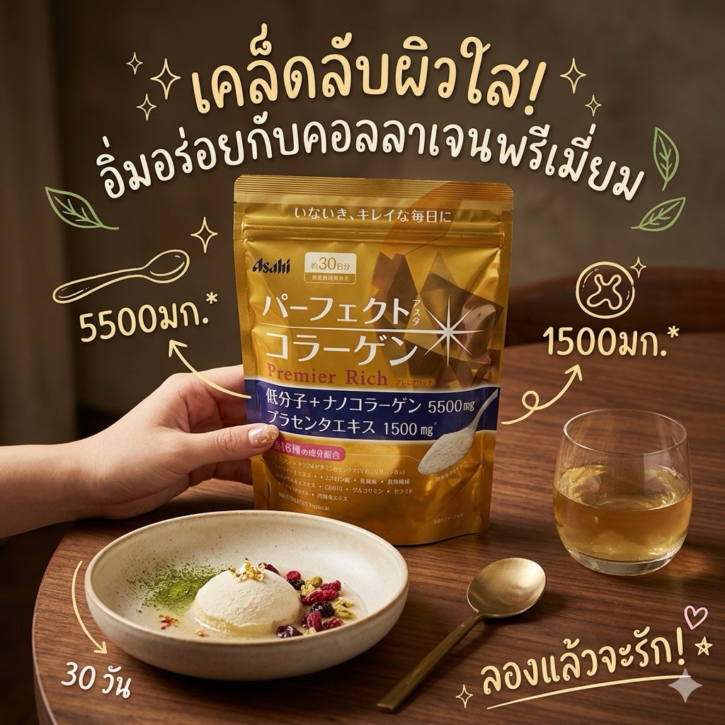 ‼️ของแท้จากญี่ปุ่น‼️Asahi Collagen Powder 30days สูตรเพิ่มรกแกะ นมผึ้ง รังนก