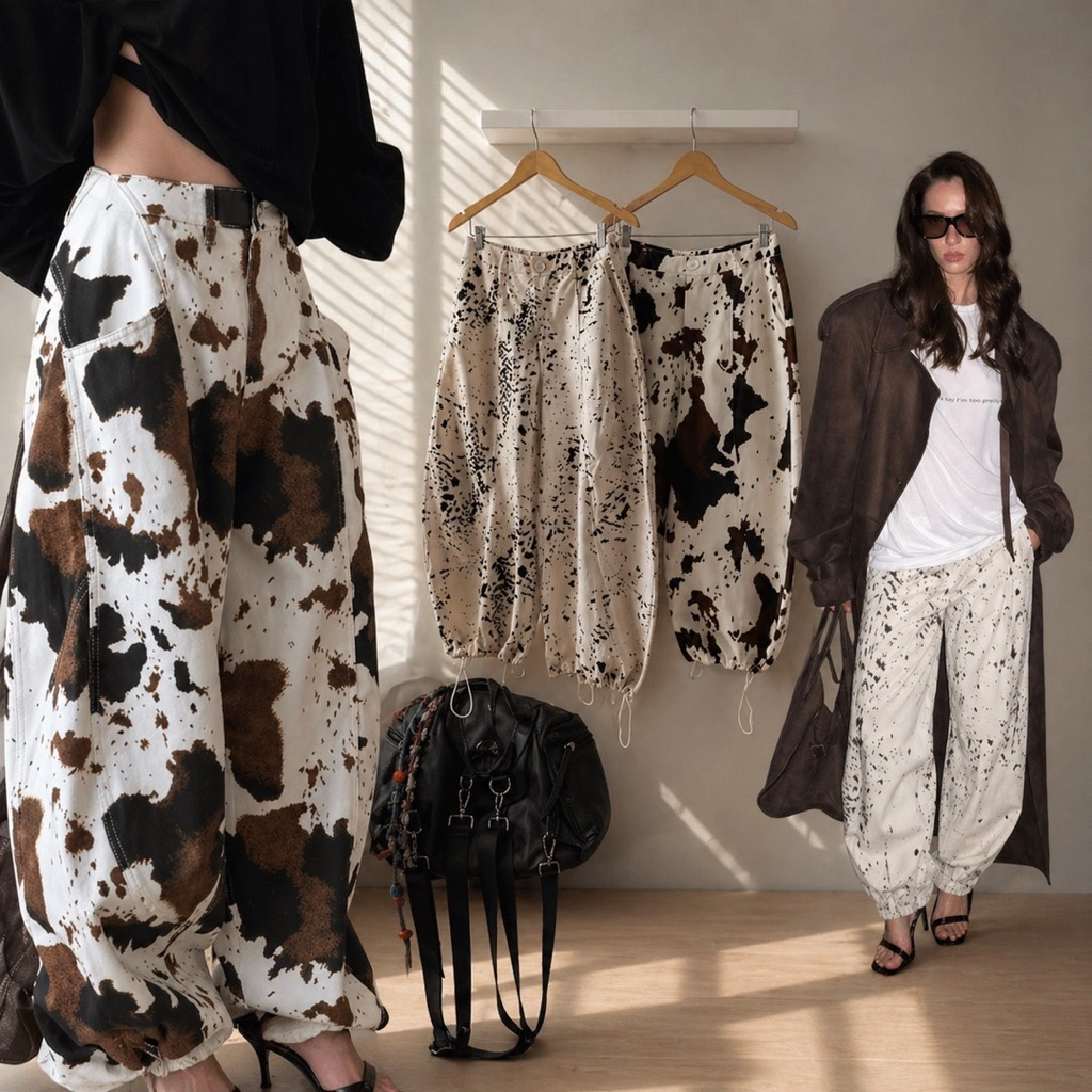 เปิดพรี🚩COW x TIGER BARREL PANT🐄🐆(690฿) mo.studio พร้อมส่ง ‼️‼️‼️  กางเกงทรงบาเรลลายเสือ ลายวัว รอบน