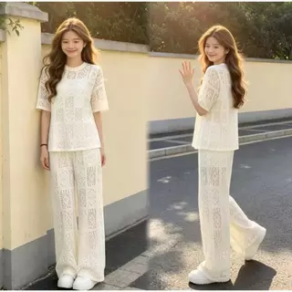 Swan shop ชุดเซ็ตผู้หญิง เสื้อถักลายฉลุ แขนสั้น + กางเกงขายาวทรงหลวม เอวยางยืด สไตล์เกาหลี น่ารัก ใส่สบาย