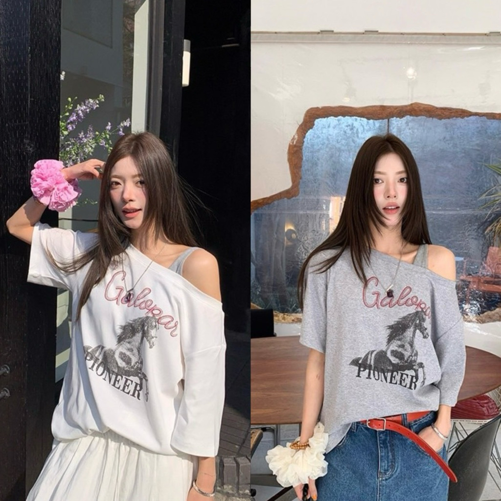 9522# เสื้อคอกว้างแขนสั้น สกรีนลายช่วงอก เนื้อผ้าดี ใส่สบาย  TAG:WG.WE 🇰🇷