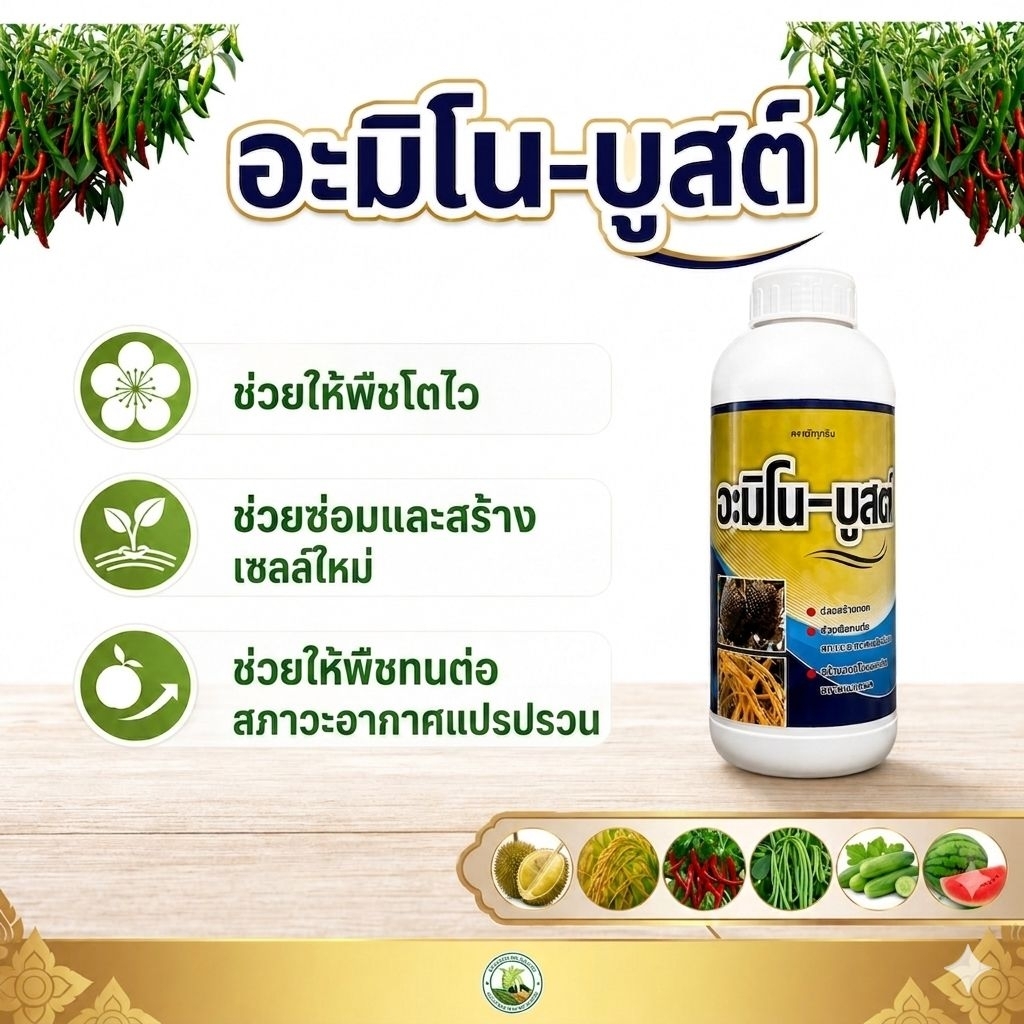 อะมิโน-บูสต์ กรดอะมิโน 17 ชนิดช่วยให้พืชแข็งแรงเร่งโตเร็ว จำเป็นต่อการเจริญเติบโตของพืชทุกระยะไม่ว่าจะเป็นเร่งใบดอกผล