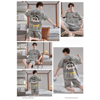 【จุดสินค้า】ชุดนอนแขนสั้นการ์ตูนชินจัง ผ้าฝ้ายฤดูร้อน สัมผัสสบาย ชุดอยู่บ้านสำหรับผู้ชาย สไตล์ทันสมัย ขนาดใหญ่สำหรับวัยร