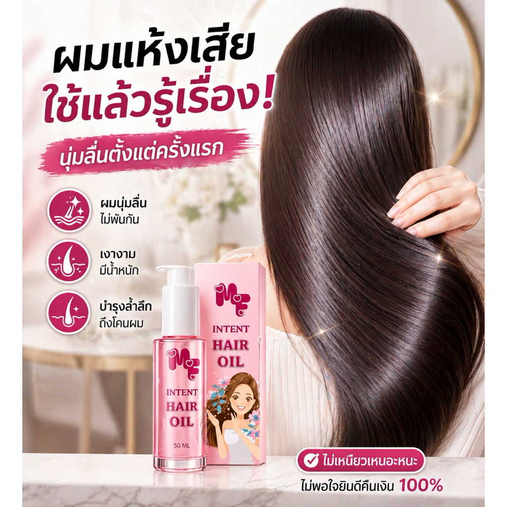 MF INTENT HAIR ที่สุดของออยล์บำรุงเส้นผมสูตรเคลือบแก้ว ขนาด 50 มล. บำรุงผมเสียให้เงางามและกลิ่นหอมติดทนนาน