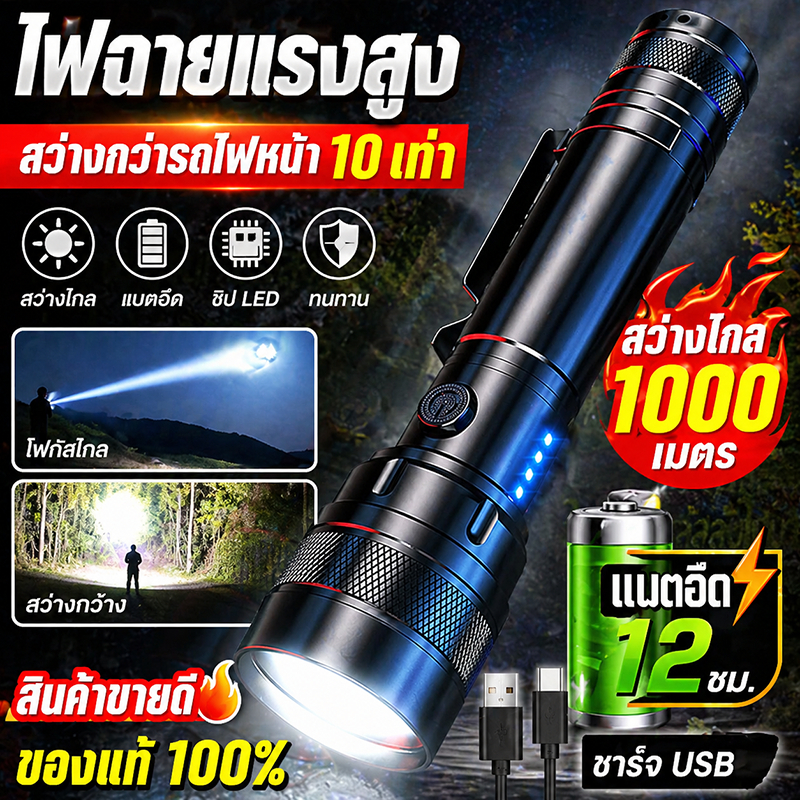 【ใช้งานยาวนาน 100,000 ชม】ไฟฉาย เล็ก สวยกระทัดรัด โดนน้ำโดนฝนได้ แสดงผลพลังงาน แสงสว่างกระพริบ ระยะไกล ไฟฉายแรงสูง ไฟ
