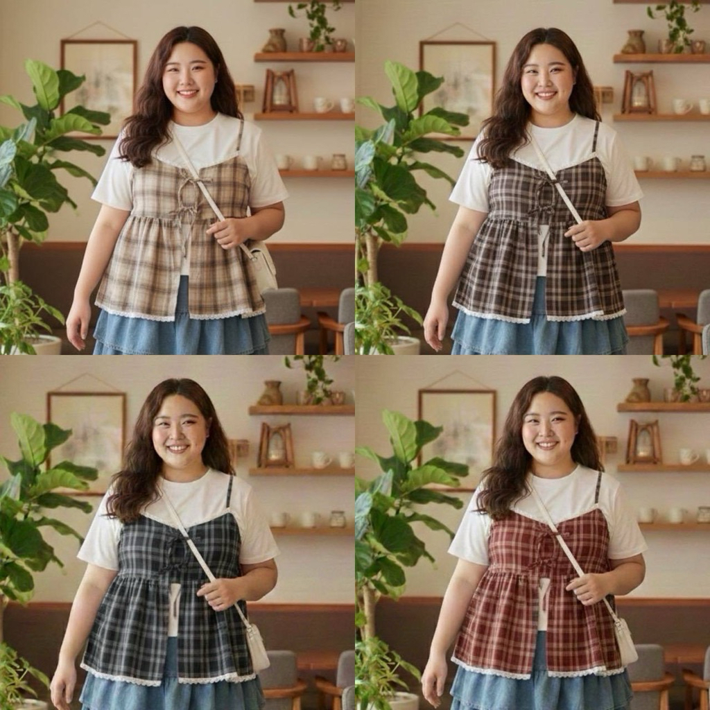 BN691.เสื้อสองชิ้น เสื้อยืด+สายเดี่ยว ลายสก็อตเข้าใหม่4สี อก38-48“