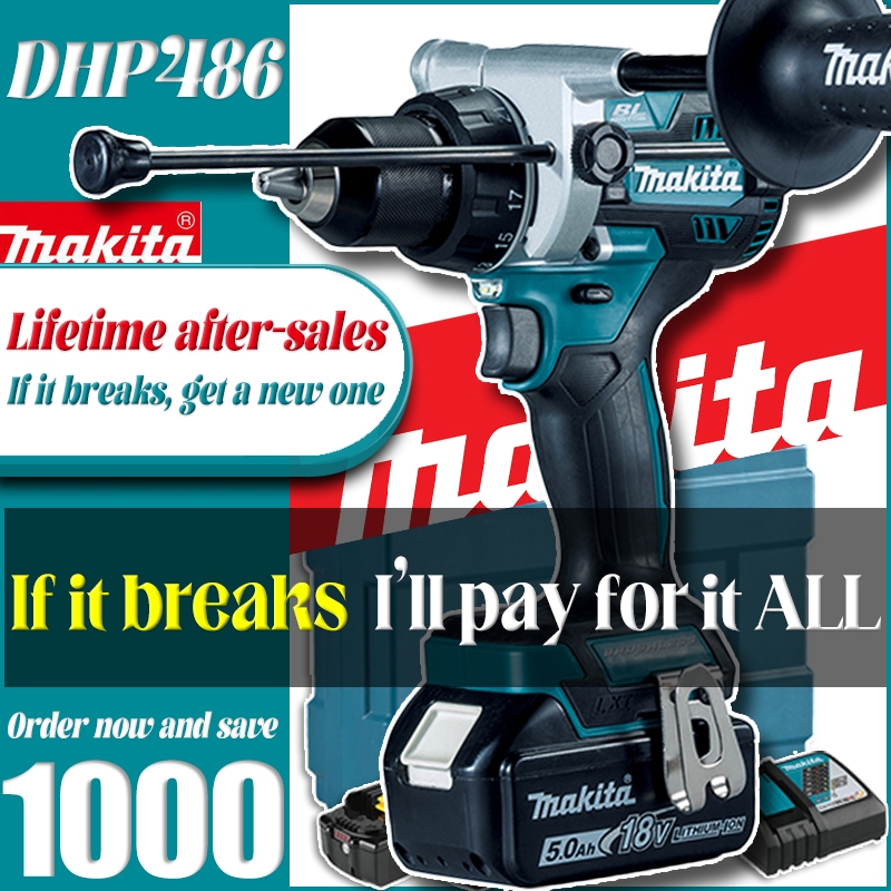 Makita สว่านไขควงกระแทกไร้สาย DHP486 1/2" (ฟรี 6.0 Ah) สว่านกระแทก/ไขควงไร้สายพร้อมชุดมอเตอร์ไร้แปรง