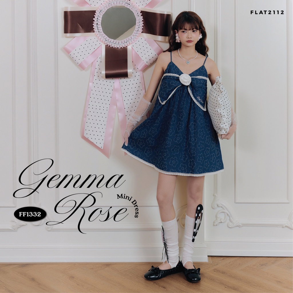 FLAT2112 : GEMMA ROSE MINI DRESS  เดรสสั้นสายเดี่ยวสีกรม โบว์หน้า ลุคลูกคุณ  ใส่แล้วดูหวานหรู เดรสโบว์ใหญ่ (FF1332)