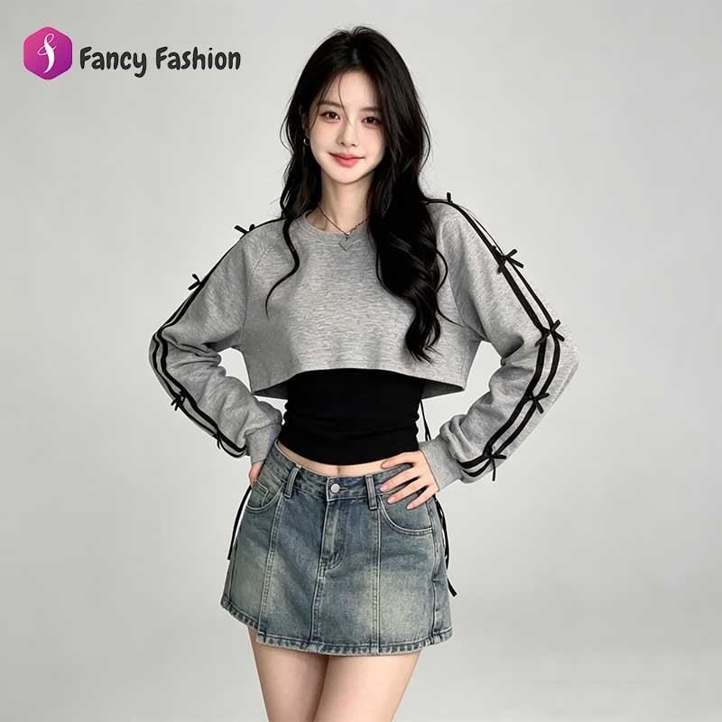 Fancy Fashion เสื้อครอปสเวตเตอร์ สีเทาโบว์สวย ผ้านุ่มสบาย สไตล์สตรีตหวาน