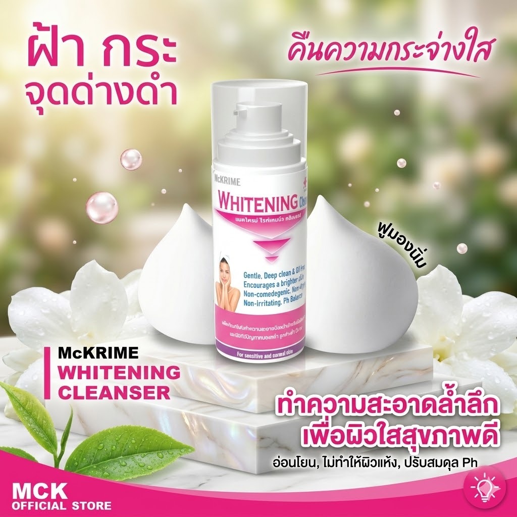 ของแท้ McKRIME Whitening Cleanser โฟมล้างหน้าเหมาะสำหรับผิวอ่อนโยนที่มีปัญหาฝ้า กระ จุดด่างดำ 150 ml. ผิวแพ้ใช้ได้