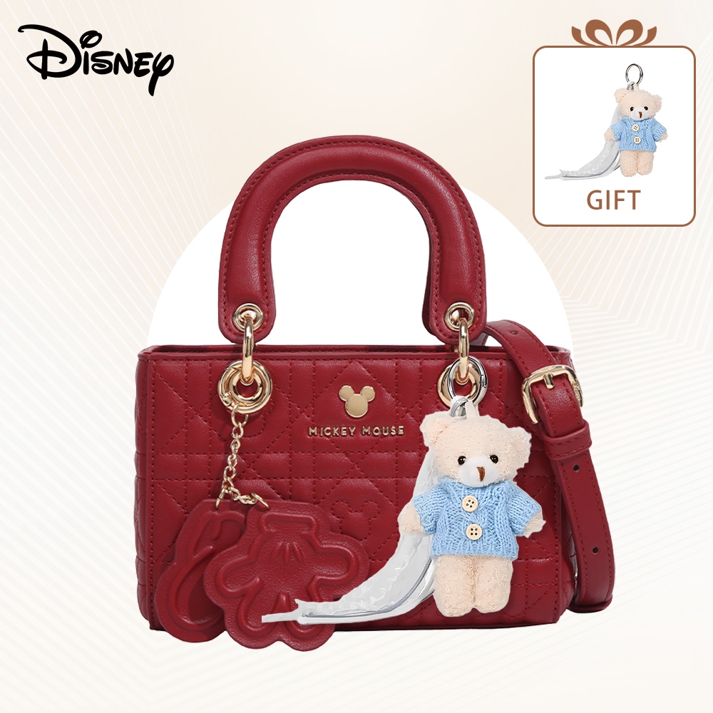Disney กระเป๋าถือ Mickey Mouse กระเป๋าสะพายข้างผู้หญิง ทรงวินเทจ สไตล์เกาหลี ลายตาราง มีสายสะพายปรับได้ แถมพวงกุญแจ