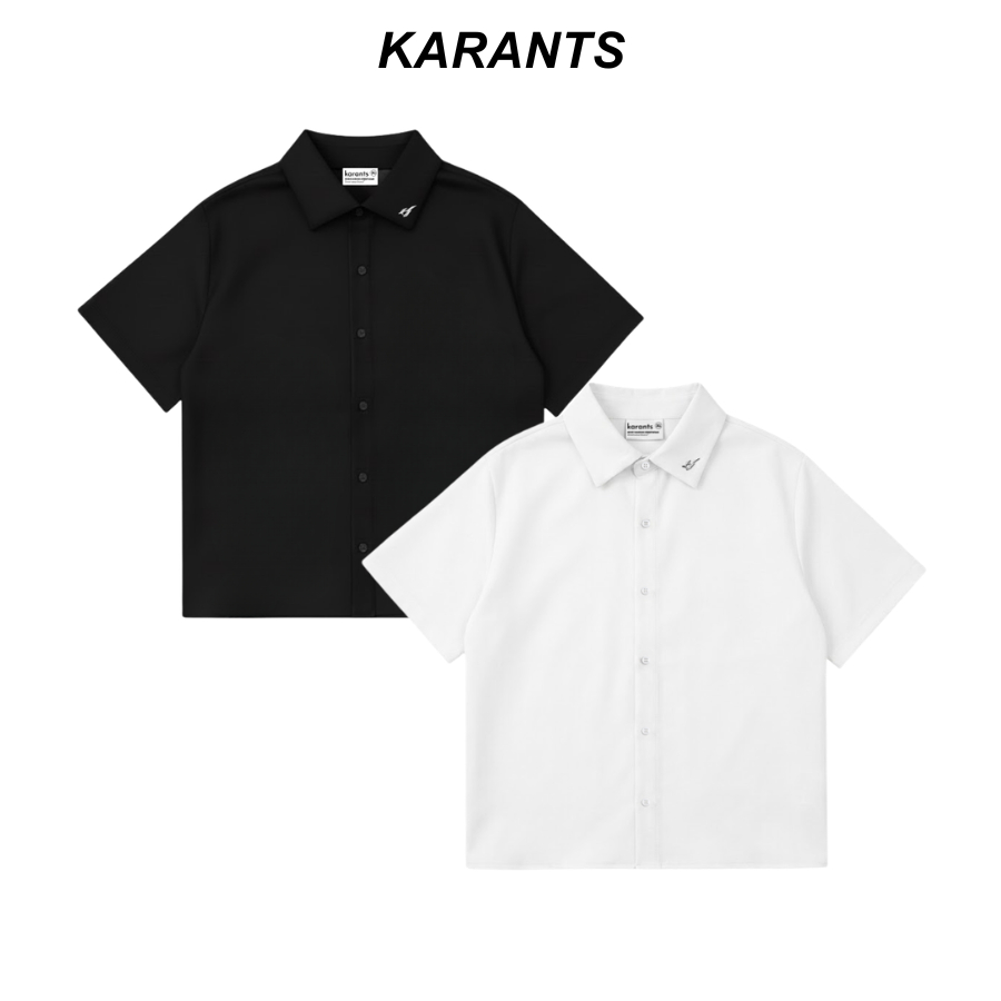 Karants เสื้อเชิ้ตสีพื้นโลโก้โลหะ ผ้า Cotton เย็น Premium Form Cropped Boxy สำหรับผู้ชายและผู้หญิง- 