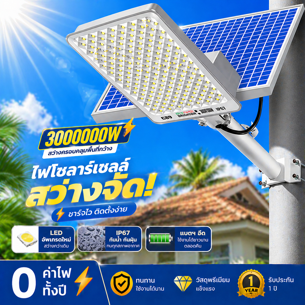 ไฟถนนโซลาร์เซลล์ 3000000W LED สว่างพิเศษ กันน้ำ IP67 ไฟสปอร์ตไลท์พลังงานแสงอาทิตย์ ติดผนัง/เสา ชาร์จไว เปิดอัตโนมัติ ใช้