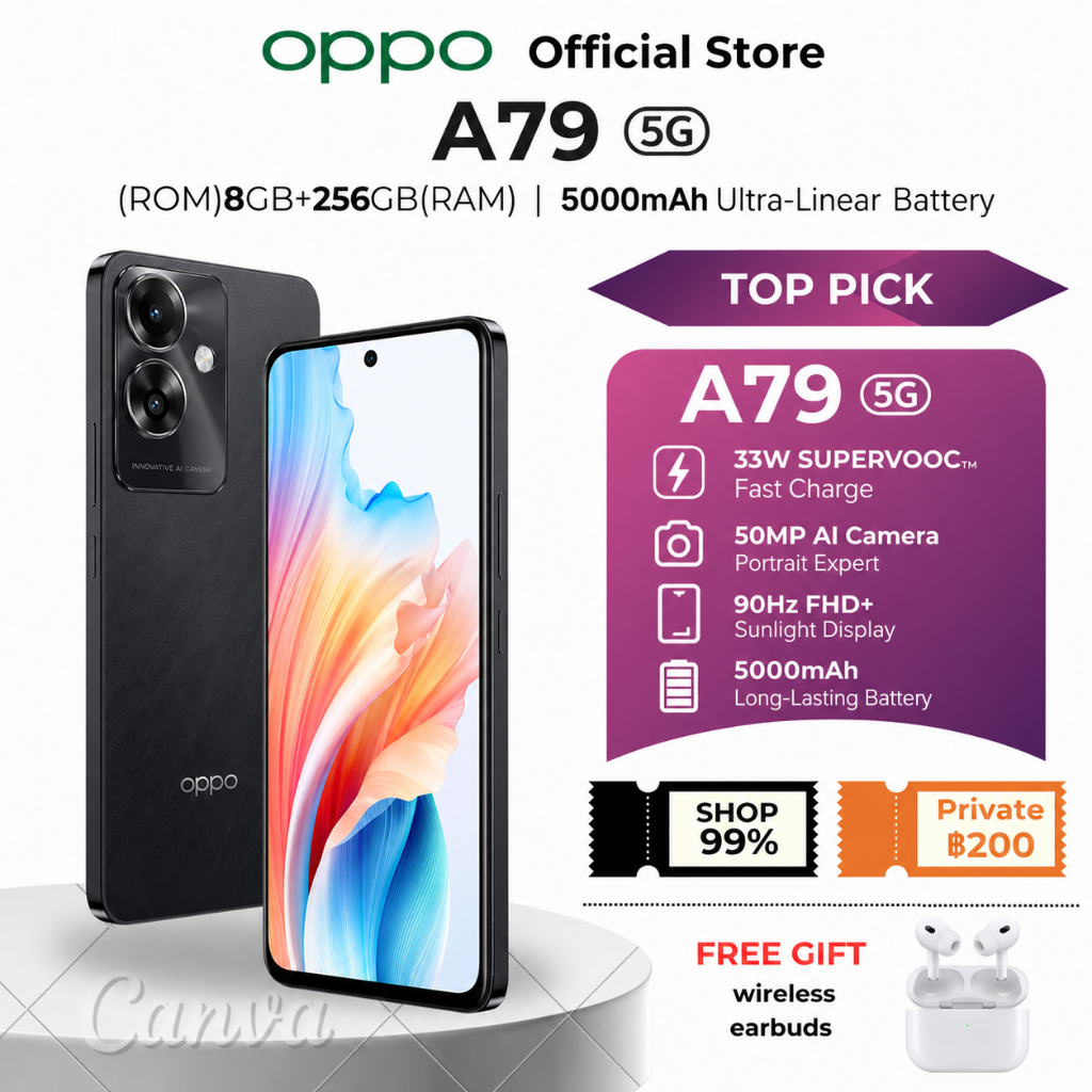 Oppo A79 5G (8+256GB) จอใหญ่ ชิปแรง Dimensity 6020 กล้อง 50MP ชาร์จไว 33W ของแท้ มีประกันศูนย์ 5 ปี🔥