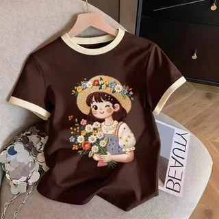 M-3XL เสื้อทีเชิร์ตผู้หญิง ปักลายสาวถือดอกไม้ สีครีม-น้ำตาล ใส่สบาย แฟชั่นฤดูร้อน
