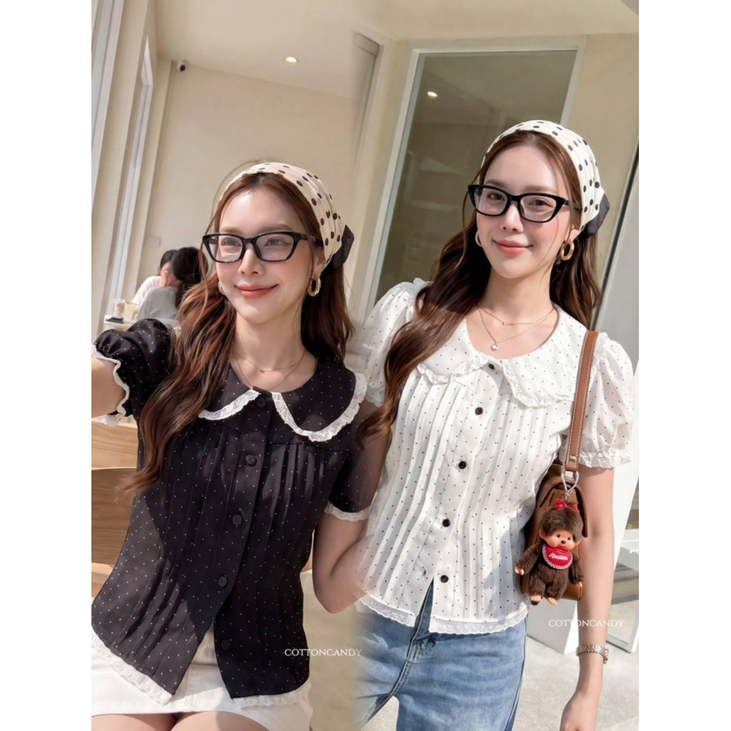 #Cotton Candy 🍭**** เสื้อลายตารางเล็กแขนตุ๊กตา New Pasta korea top
