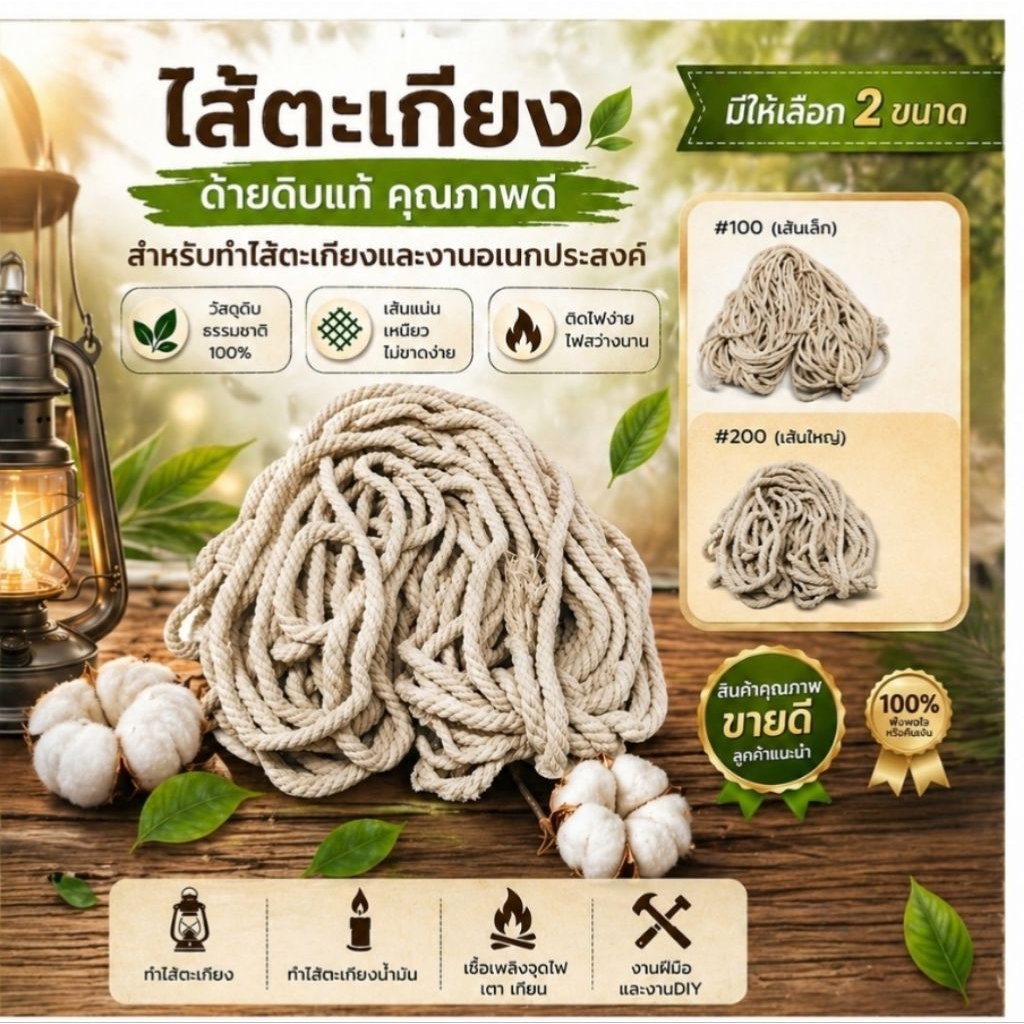 ด้ายดิบแท้  ใส้ตะเกียง น้ำหนัก 0.5 ก.ก.