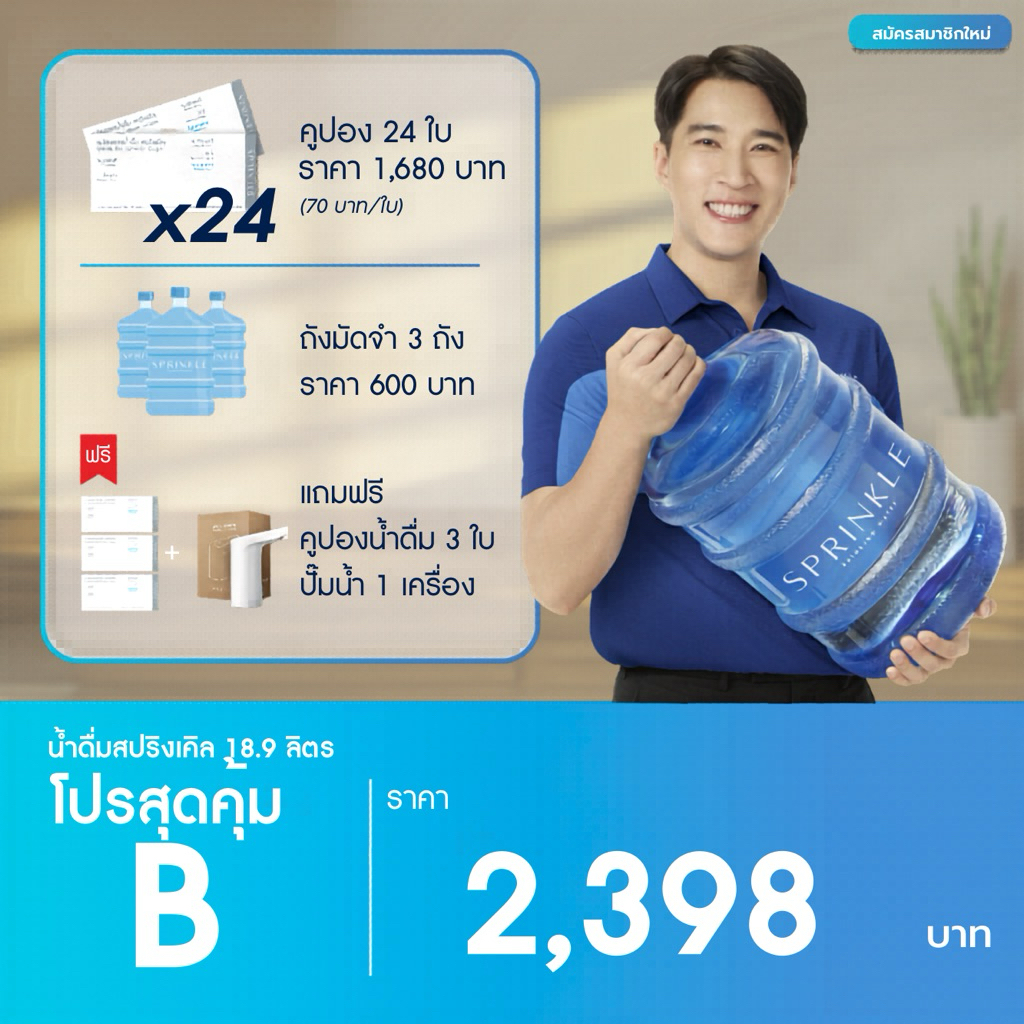 [โปรสุดคุ้ม B]: x24 คูปองน้ำดื่มสปริงเคิล 18.9 ลิตร ฟรีคูปอง 3 ใบ + เครื่องสูบน้ำอัตโนมัติ(สำหรับลูกค้าที่สมัครครั้งแรก)