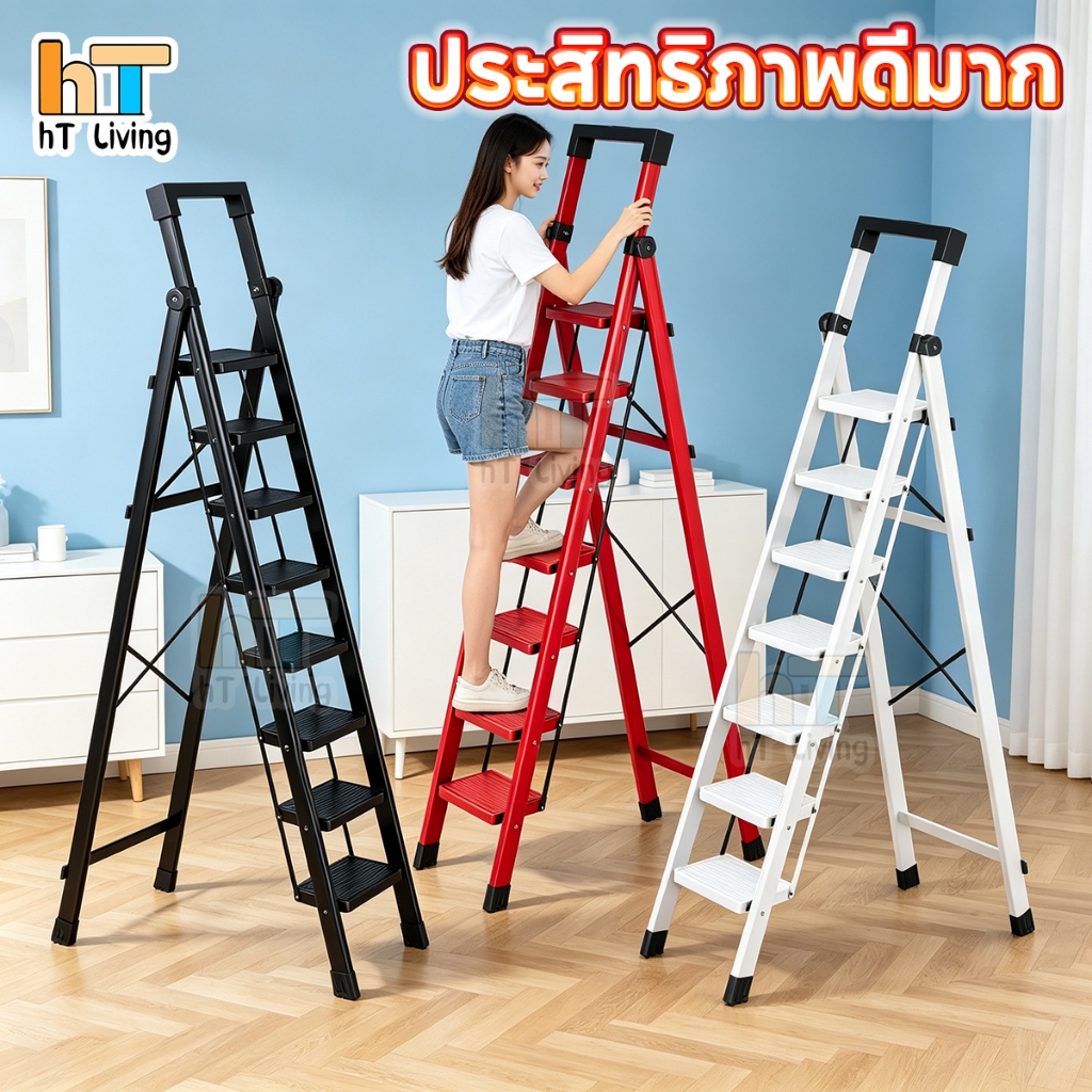 HT Living บันได พับได้ อลูมิเนียม รับน้ำหนักได้ 300 KG (7ชั้น)แดง / ดำ / ขาว บันไดพับได้ 7ขั้น Foldi