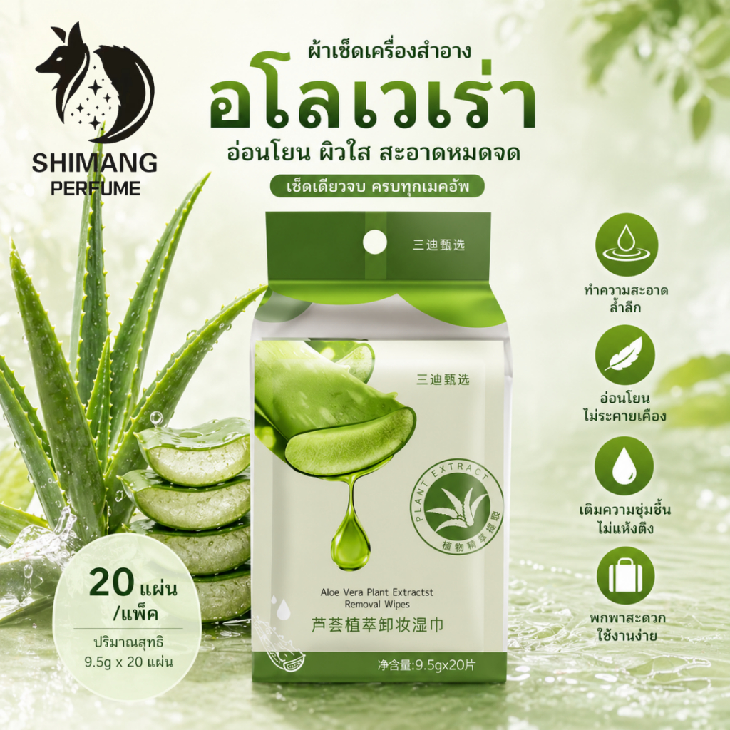 SHIMANG ทิชชู่เช็ดเครื่องสำอาง Makeup Remover Wipes ผ้าเช็ดเครื่องสำอาง ว่านหางจระเข้ ใน 1 แพคมี 20 แผ่น