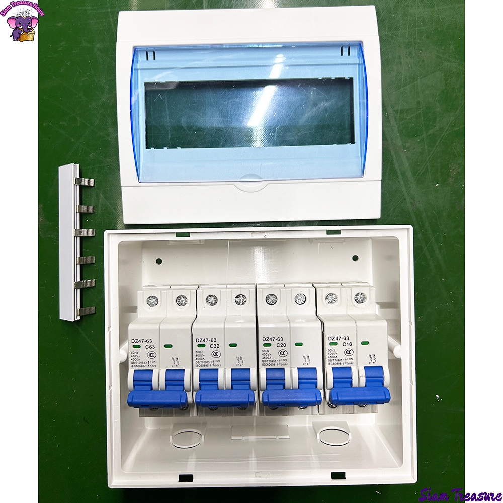 กล่องจ่ายไฟพร้อมเบรกเกอร์มีให้เลือกทั้งแบบ 6/8/12 วงจร และบางรุ่นยังมีขั้วต่อสายไฟมาให้ด้วย