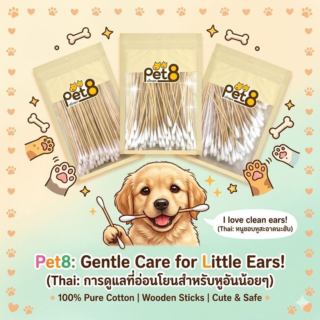 คัตตอนบัด Size S 100pcs ก้านสำลีบริสุทธิ์ สำหรับสัตว์เลี้ยงที่รัก Natural Cotton 100% Hygienic&Absorbent