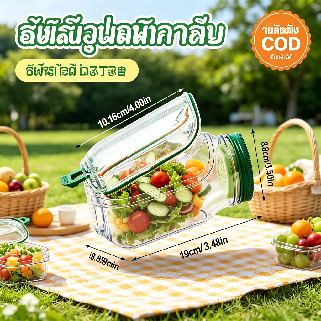 กระปุกสลัดพลาสติกกันรั่วซึมขนาด 1000 มล. ดีไซน์แบบแบ่งชั้นแนวตั้ง มีฝาปิดด้านข้าง พกพาสะดวก เหมาะสำหรับเก็บอาหารเช้าและผ