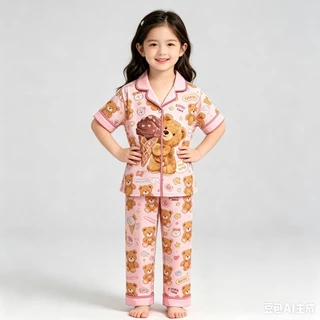MC264 ชุดนอนเด็ก ลายตุ๊กตาหมี สีพาสเทล แขนสั้นขายาว น่ารัก ใส่นอนสบาย