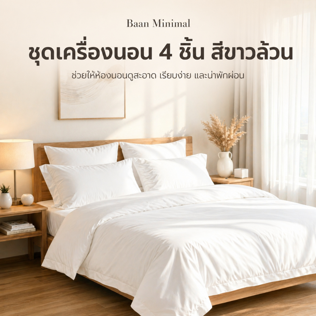 Baan Minimal ชุดเครื่องนอน 4 ชิ้น สีขาวล้วน 350เส้นดาย ปลอกผ้านวม+ปลอกหมอน+ผ้าปูรัดมุม สไตล์นอร์ดิกมินิมอล 3.5/5/6 ฟุต