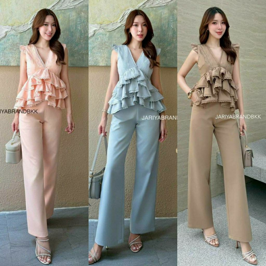 (S-XL)   Jariya  📣พร้อมส่งชุดเซ็ท2ชิ้นเสื้อคอวีแขนกุดระบาย+มาพร้อมกางเกงขายาวทรงสวยเนื้อผ้าสูท