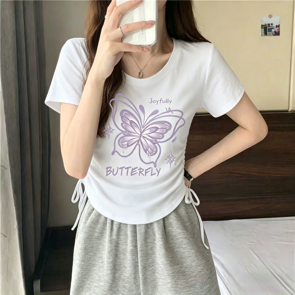 เสื้อยืดแขนสั้นผู้หญิง คอกลม รูดข้างปรับได้ ตัวกระชับ ลายผีเสื้อ/พื้นฐาน ใส่สบาย ซ่อนไขมัน