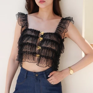 LUCA STUDIO_Black Maria Crop Top - เสื้อผ้าระบายลูกไม้ซีทรูสีดำ แต่งกระดุมหัวใจสีทองด้านหน้า