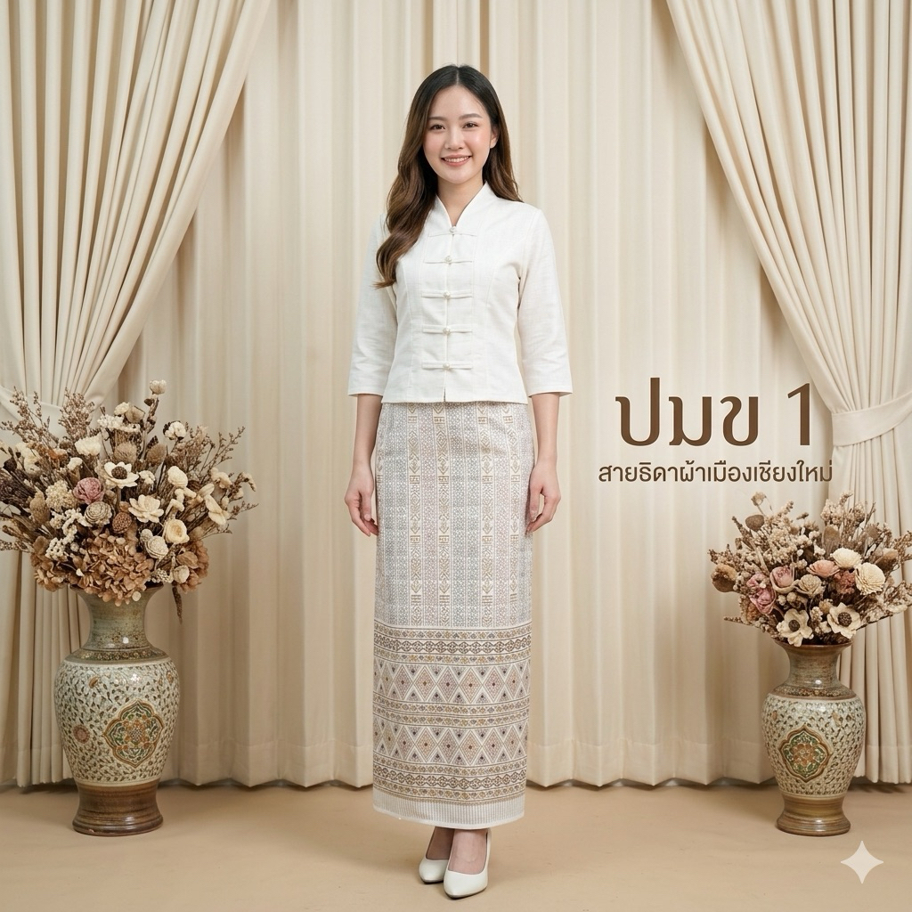 ชุดพื้นเมืองผ้าฝ้ายสีขาวคอปีนกระดุมมุก แขนสามส่วน ไม่อัดกาว