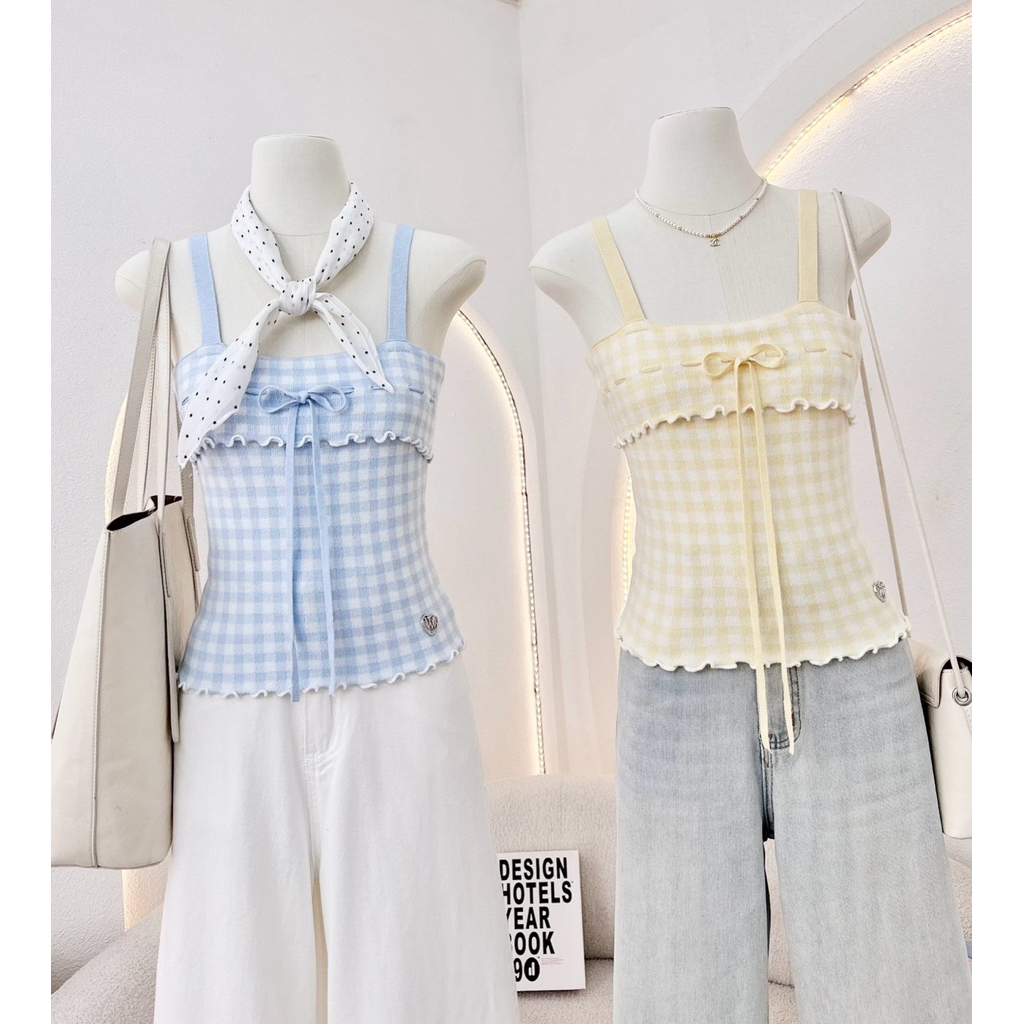 WAYA เสื้อสายเดี่ยวลายตารางแต่งระบายและผูกเชือกด้านหน้า โทนสีพาสเทลน่ารัก