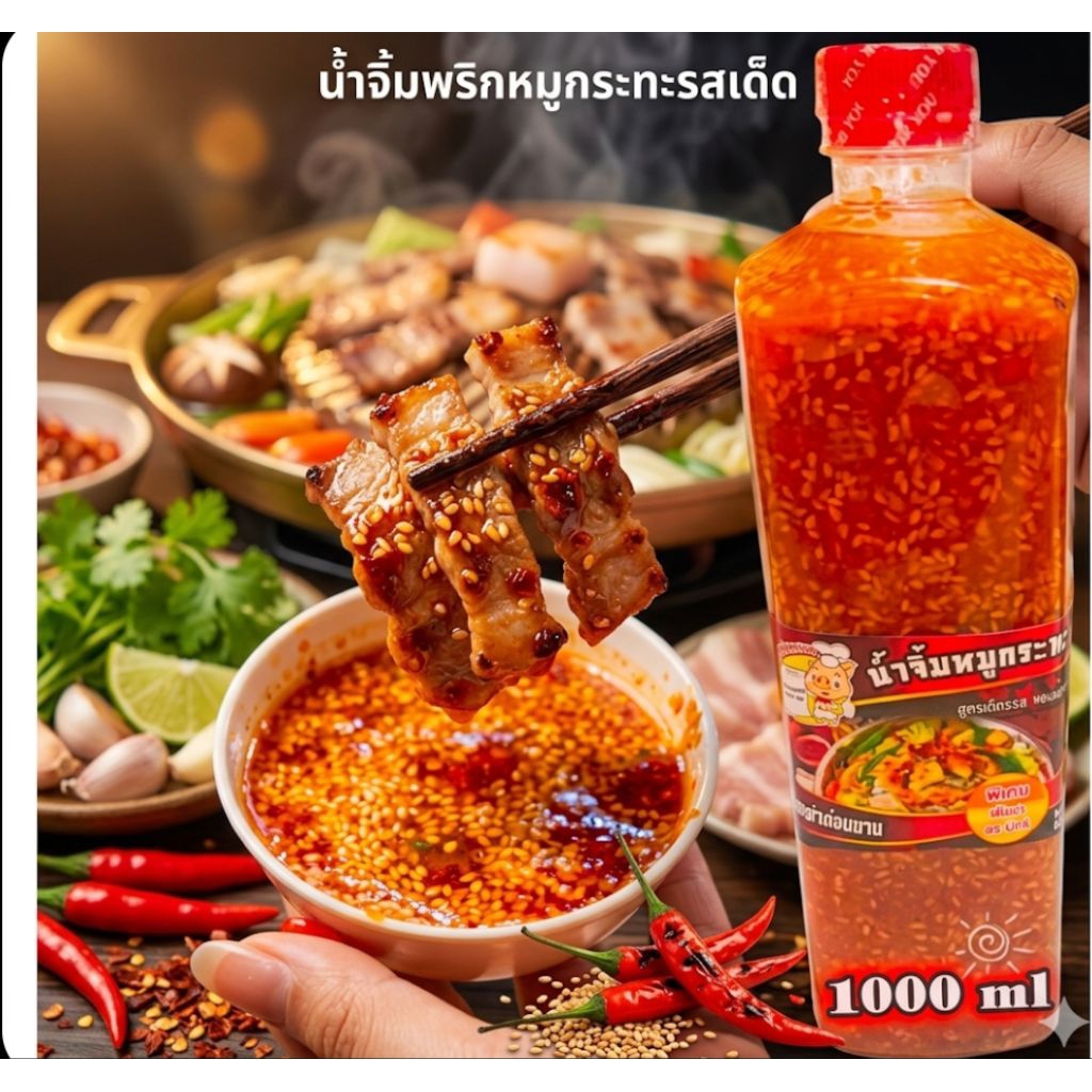 น้ำจิ้มหมูกระทะสูตรโคราชสูตรดั้งเดิมของแทร์ 1000ml ร้านท่าขี้เหล็กหมูกระทะส่งจากโคราช