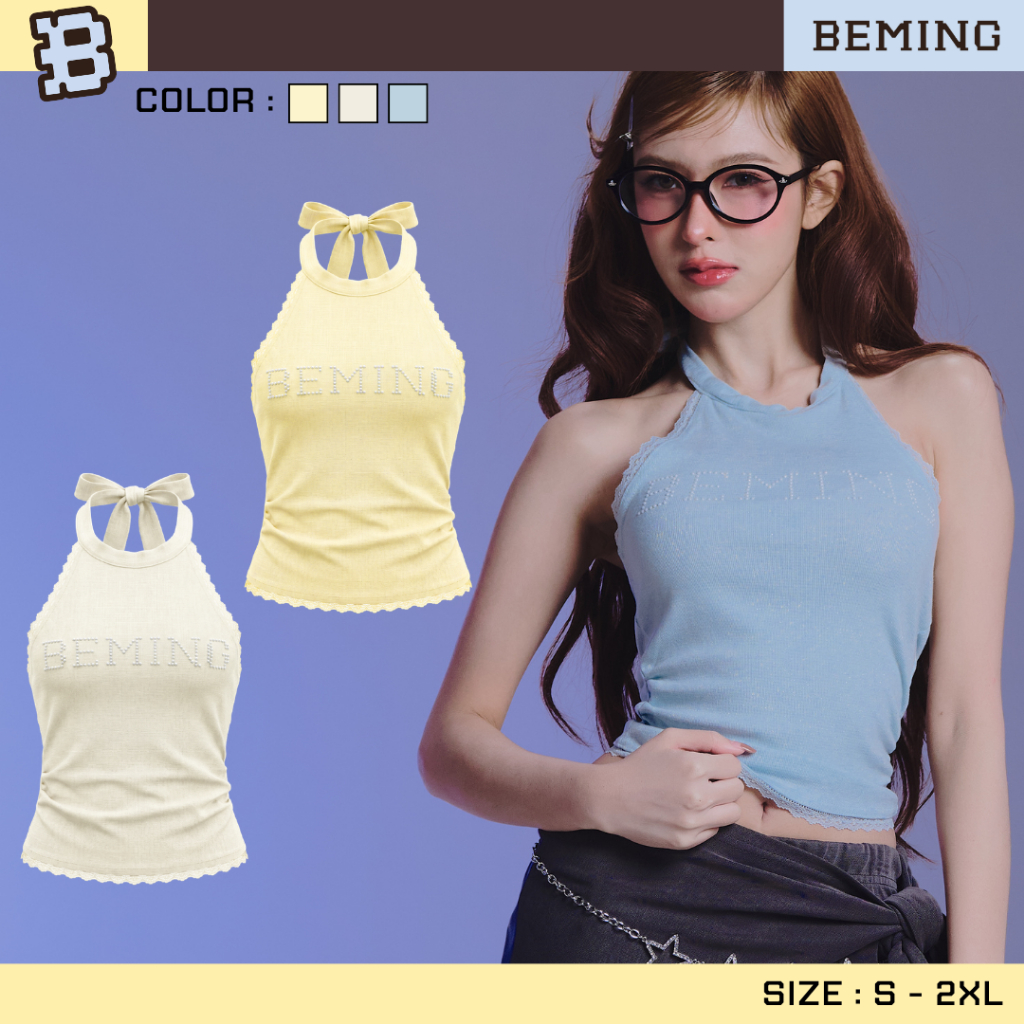 Bemingtop1176(S-2XL) - Glit Bill Top - เสื้อคล้องคอผูกโบว์ดีเทลโลโก้ BEMING ปักมุก