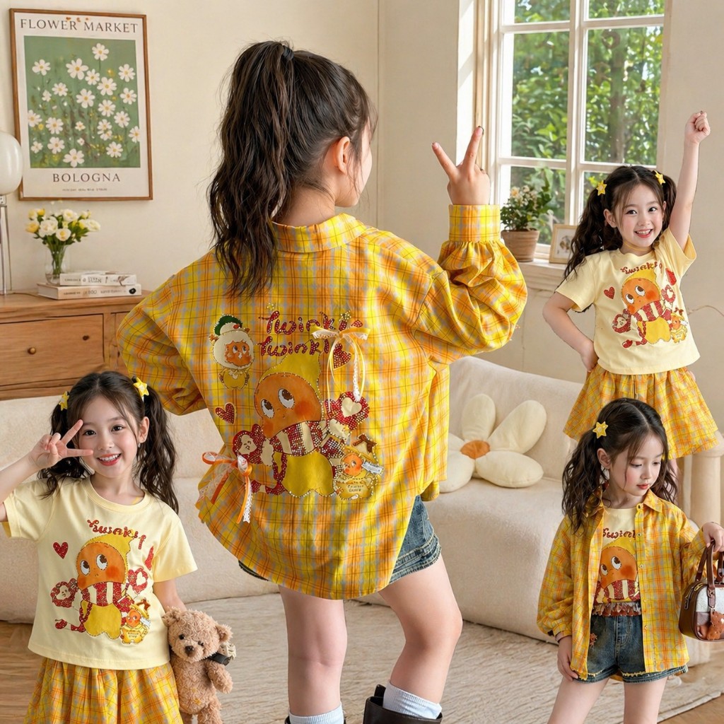 MC265 ชุดเซ็ตเด็กผู้หญิง ลาย Twinkle Twinkle Star สีเหลือง เสื้อคลุมสก็อต + เสื้อ + กระโปรง