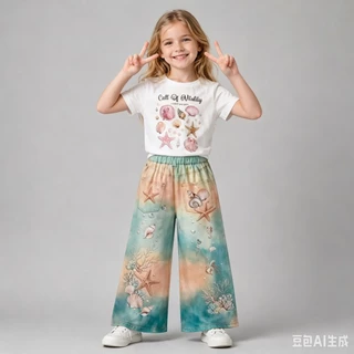 MC266 ชุดเซ็ตเด็กผู้หญิง เสื้อยืดลายเปลือกหอย+กางเกงขายาวลายทะเล สีพาสเทล น่ารักสดใส ใส่สบาย สไตล์เกาหลี