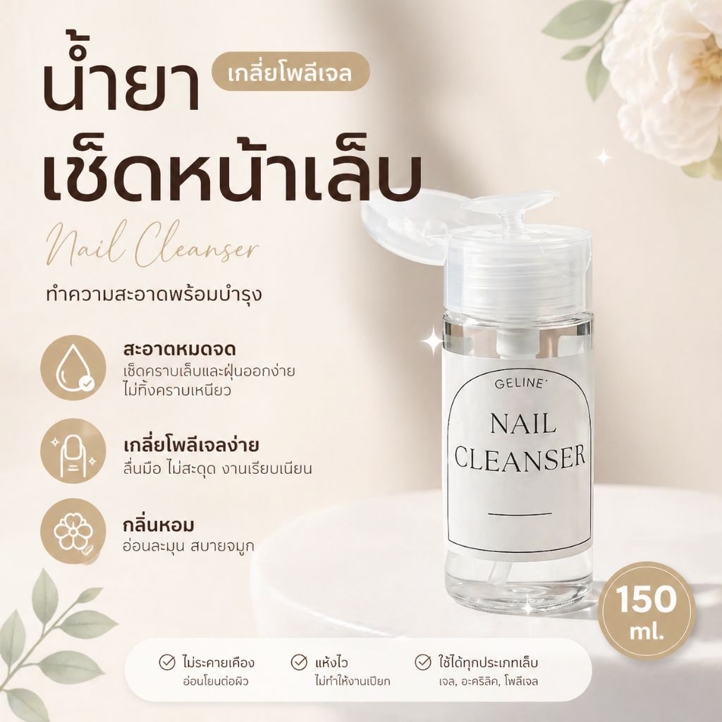 จัดส่งทันที ● GELINE' ● Nail Cleanser น้ำยาเช็ดทำความสะอาดเล็บ เช็ดความเหนียว เกลี่ย​โพลีเจล 150 ml.