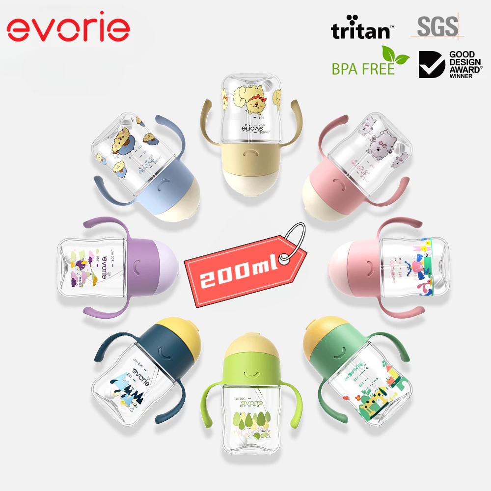 ขวดน้ำหัดดื่ม Evorie สำหรับเด็ก 6 เดือนขึ้นไป หลอดซิลิโคน 360° ดื่มง่าย วัสดุ Tritan ปลอดภัย BPA Free ความจุ 200ml