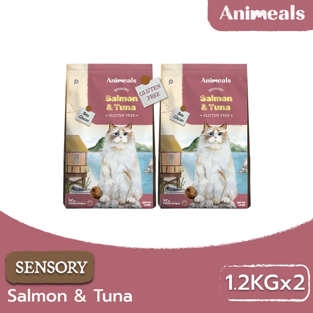 Animeals Sensory อาหารแมว 2.4kg แถม 1.2kg สูตรขนสวย ตัวแน่น แซลมอนและทูน่า กลูเตนฟรี ขนฟู น้ำหนักดี
