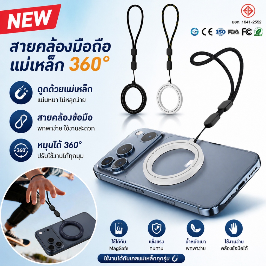 【COD】ใหม่ปรับข้อมือแหวนแม่เหล็กเชือกเส้นเล็กสําหรับ แม็กเซฟ โทรศัพท์เสน่ห์แม่เหล็กที่แข็งแกร่งเชือกสายสําหรับ