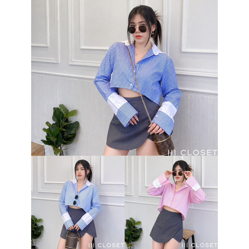 เสื้อเชิ้ตครอป lll Freesize lll NE005 คอปก แขนยาว ลายทาง กระดุมหน้า ดีเทลแต่งคอปกและปลายแขนขาว ผ้าคอตตอน ใส่สบาย ไม่ร้อน