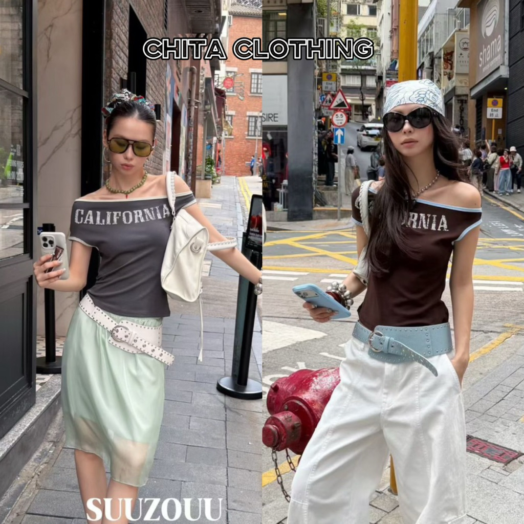 📍พร้อมส่ง📍#SU218 🇰🇷เสื้อปาดไหล่ แต่งตัดขอบสี สกรีน CALIFORNIA งานสวยเก๋ เรียบแต่โก้ Tag MMfish🇰🇷