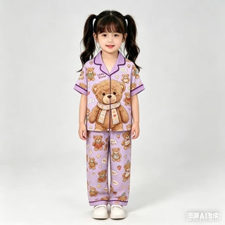 BB264 ชุดนอนเด็กผู้หญิงผู้ชาย ลายหมีน้อย เสื้อกระดุมหน้า กางเกงขายาว