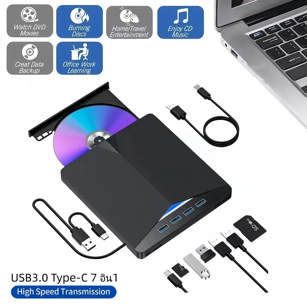 ไดรฟ์ดีวีดีภายนอก USB3.0 Type-C 7in1 เครื่องเขียนแผ่น CD DVD มีช่องเสียบ SD TFการ์ด อ่านและเขียนแผ่น