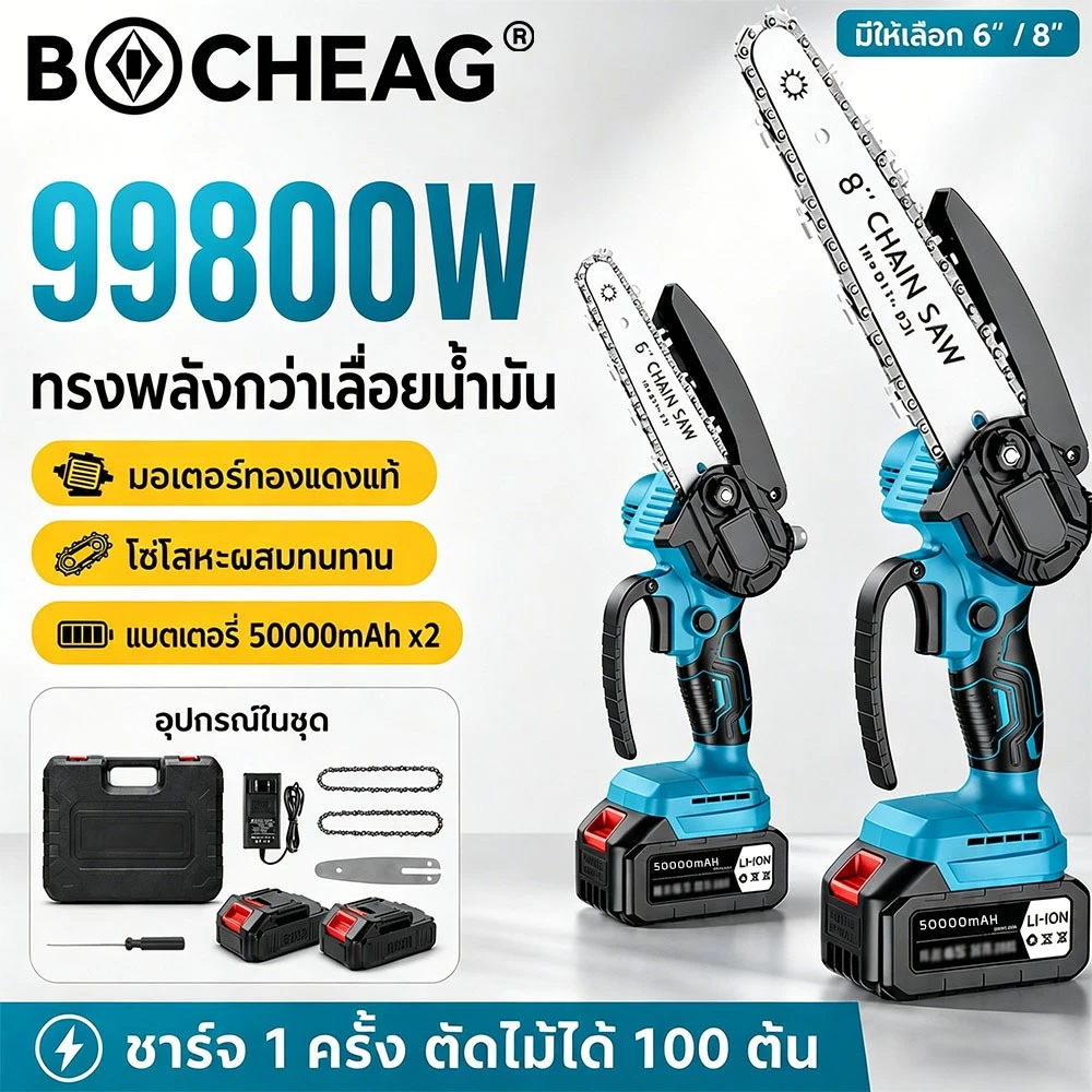 【รับประกัน10ปี】เลื่อยไฟฟ้า เลื่อยไฟฟ้าแบต อัปเกรดใหม่8นิ้ว เลื่อยโซ่ แบตเตอรี่ลิเธียม2 ครบชุด เลื่อยโซ่ไร้สาย เลื่อยยนต์