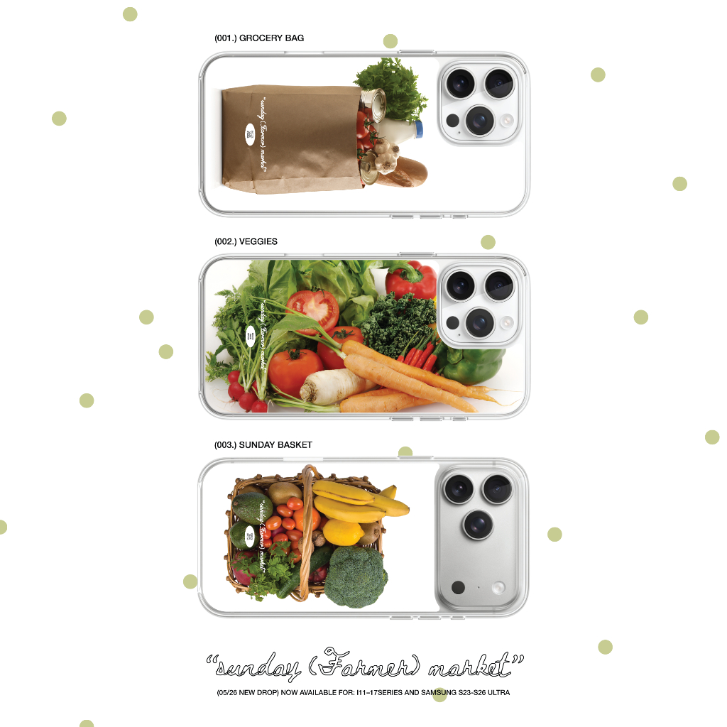 HOLLY.CASESTORE เคสไอโฟน/ซัมซุง: “sunday (𝓯𝓪𝓻𝓶𝓮𝓻) market” premium clear case 🥦🍅👨🏽‍🌾 เคสใส/แม่เหล็ก สกรีน กันกระแทก