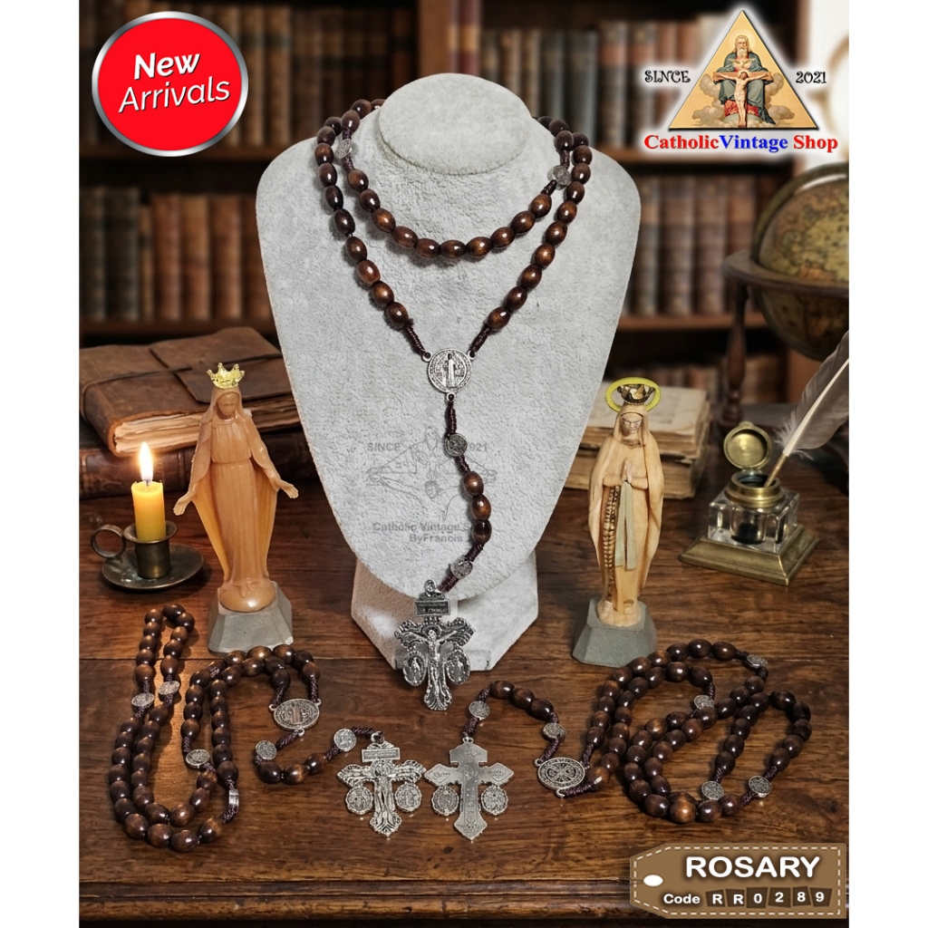 สายประคำ ไม้มะกอก นักบุญเบเนดิก คาทอลิก Catholic Rosary สร้อยคอ#RR0289