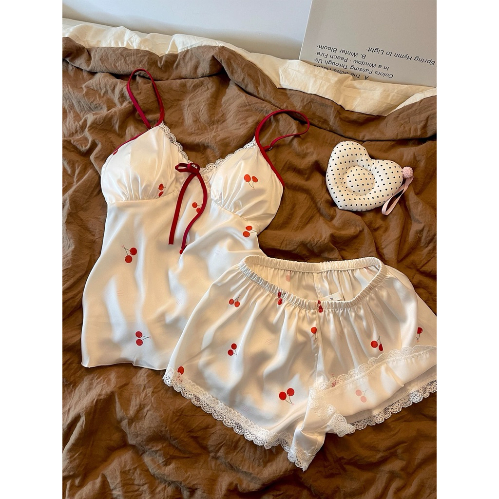 SUMMER22Y ชุดนอนแต่งระบายลูกไม้ Cherry 🍒 (เสื้อ+กางเกง)